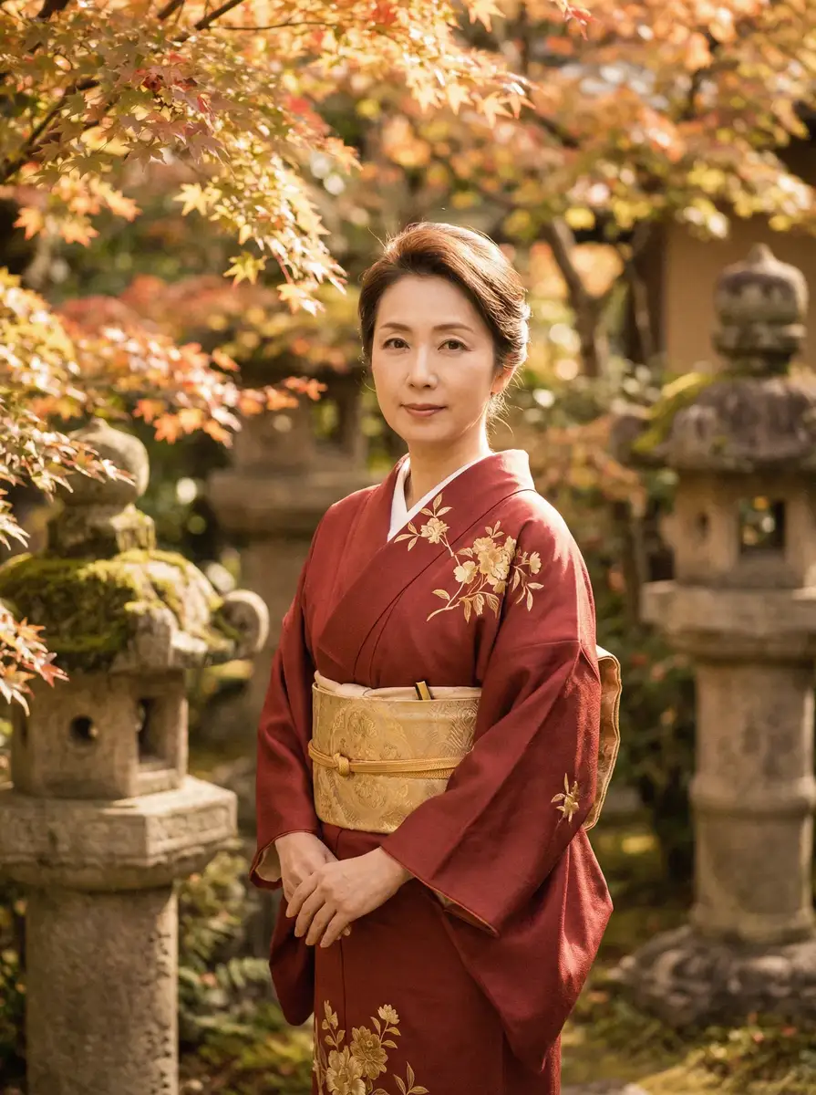 一位身穿暗红色和服的优雅 爆乳隔壁人妻中文字幕 在日式庭院中